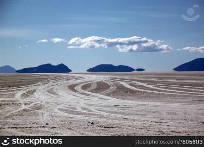 Roads on the surface of salt lake Uyuni, Bolivia