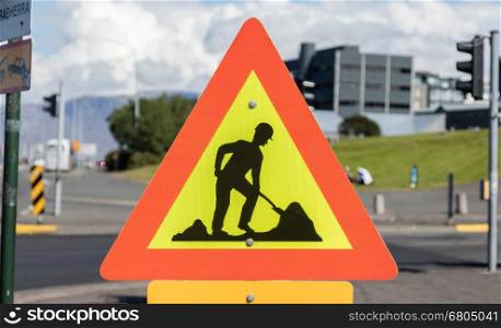 Roadworks sign, bright yellow and red - Iceland