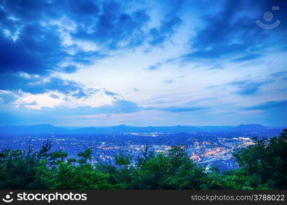 Roanoke City as seen from Mill Mountain Star at dusk in Virginia, USA.