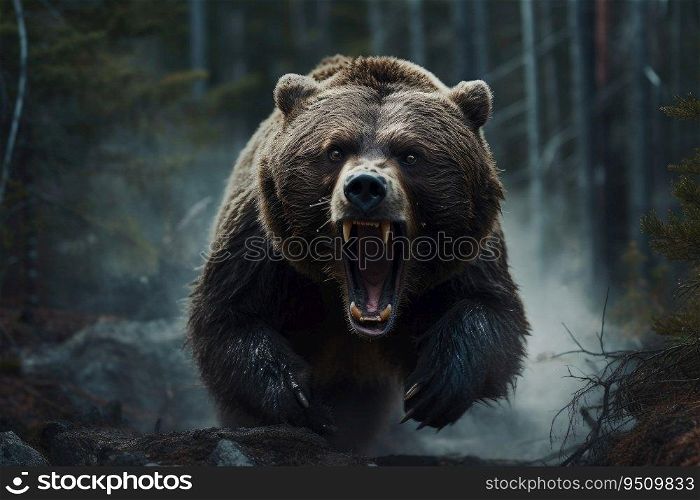 Roaring bear in the forest