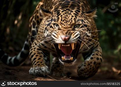 Roaring jaguar in the rainforest