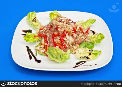roast beef salad portion on white plate