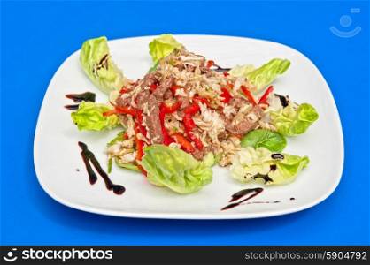 roast beef salad. roast beef salad portion on white plate
