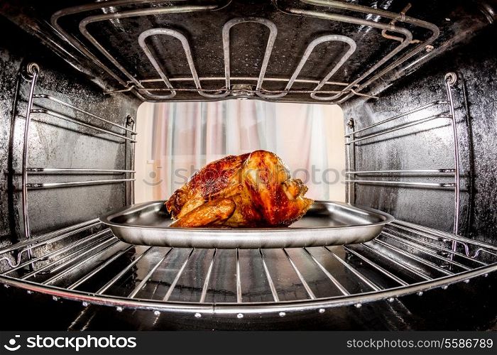 Roast chicken in the oven, view from the inside of the oven. Cooking in the oven.