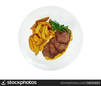 Roast fillet beef with potatoes. Shallow depth-of-field
