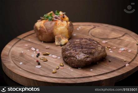 roast meat on a wooden tray, dark background, isolated. dish on black background