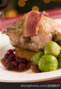 Roast Partridge Potato Cake Brussel Sprouts and Cranberry Jus