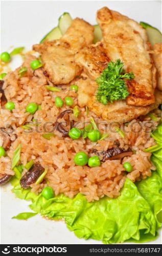 Roast pork and rice with vegetables and mushrooms