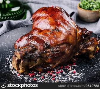 Roast pork knuckle on black plate