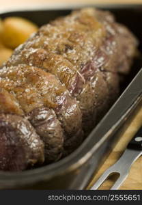 Roast Topside of British Beef in a Tray with Roast Potatoes