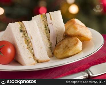 Roast Turkey Stuffing and Mayonnaise Sandwich with Cold Roast Potatoes
