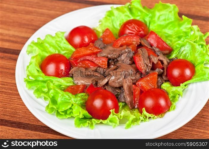 Roasted beef and mushrooms. Roasted beef and mushrooms with tomato and lettuce