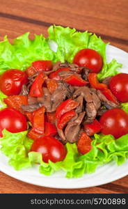 Roasted beef and mushrooms with tomato and lettuce