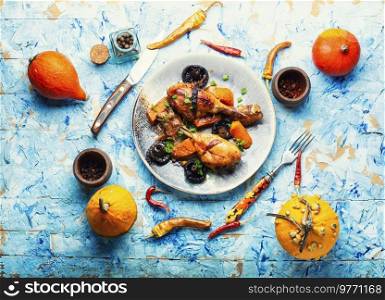 Roasted chicken legs with pumpkin and mushrooms. Autumn meat recipe. Chicken legs in soy sauce with pumpkin
