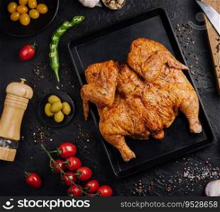Roasted chicken on black cutting board