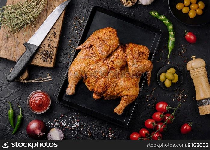 Roasted chicken on wooden cutting board