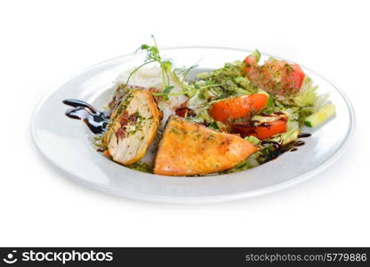 roasted chicken, rice and vegetables on dish