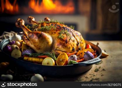 Roasted chicken with assortment of vegetables.  Oven-baked chicken. Rustic food. Home made food.   Generative AI

