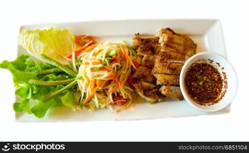 roasted chicken with delicious Thai food call SOMTAM on white background