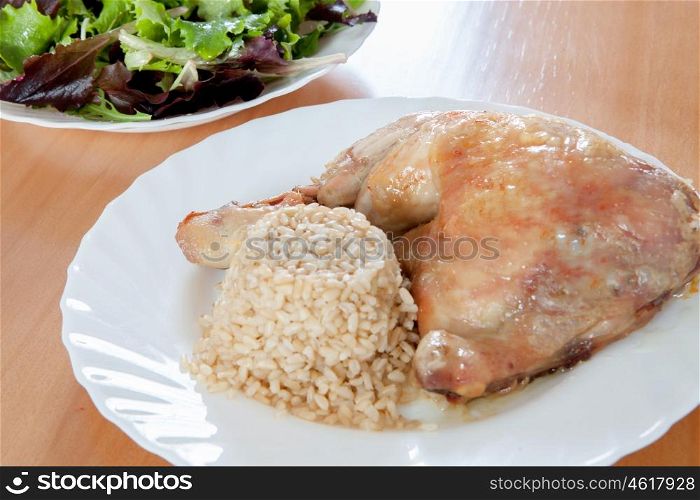 Roasted chicken with rice and salad. Healthy food