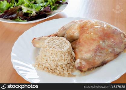Roasted chicken with rice and salad. Healthy food