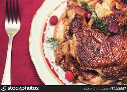Roasted chicken with vegetables. Thanksgiving or christmas theme.. Roasted chicken with vegetables.