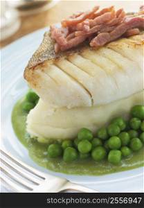 Roasted Cod Fillet with Mash Potato Peas and bacon