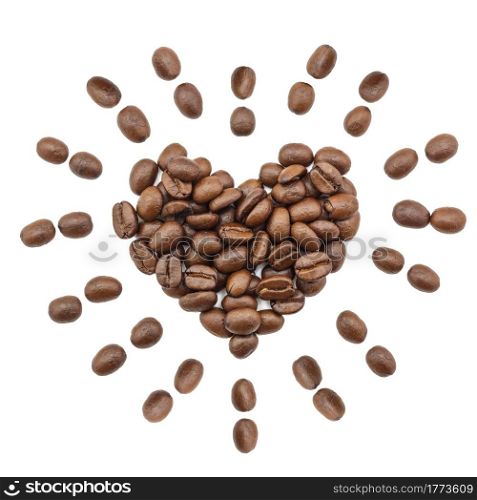 Roasted coffee beans arranged in a heart shape isolated on a white background.. coffee beans heart shape