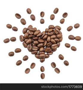 Roasted coffee beans arranged in a heart shape isolated on a white background.. coffee beans heart shape