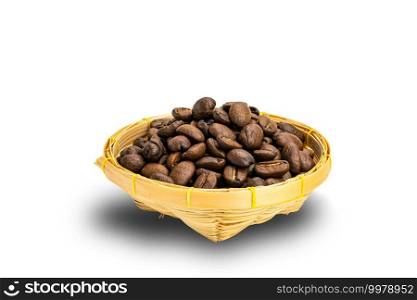 Roasted coffee Beans in a bamboo basket isolated on white background with clipping path.
