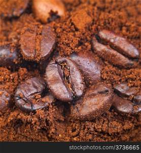 roasted coffee beans in ground coffee close up