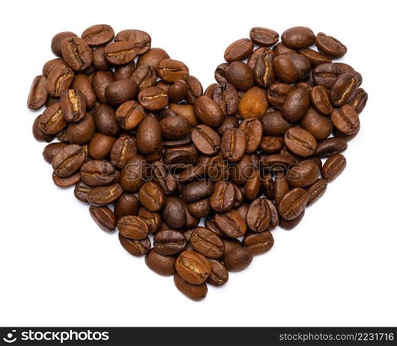 Roasted coffee beans in the shape of the heart isolated on white background with clipping path embedded. Roasted coffee beans in the shape of the heart isolated on white background with clipping path