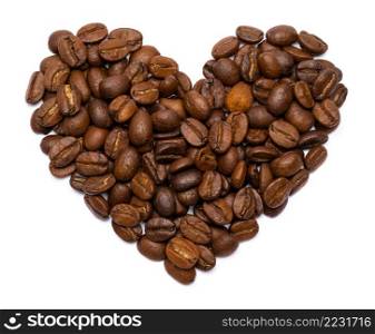Roasted coffee beans in the shape of the heart isolated on white background with clipping path embedded. Roasted coffee beans in the shape of the heart isolated on white background with clipping path