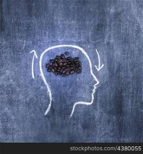 roasted coffee beans inside outline face with arrows chalkboard