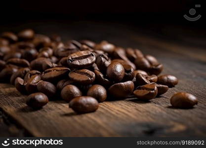 Roasted coffee beans  on a vintage background, top view with copy space created by generative AI