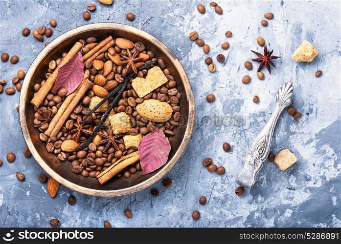roasted coffee beans. roasted coffee beans and spices for coffee