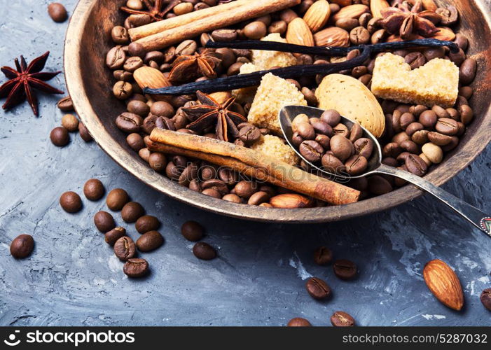 roasted coffee beans. roasted coffee beans and spices for coffee