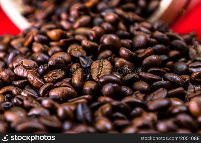 Roasted coffee beans, top view, fresh coffee concept