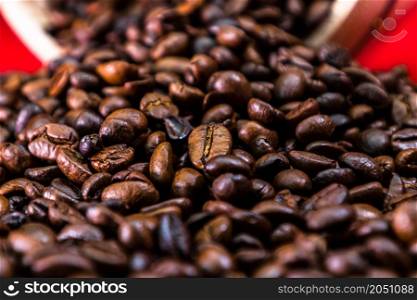 Roasted coffee beans, top view, fresh coffee concept