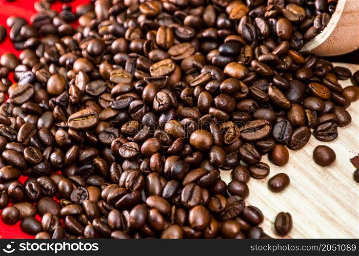 Roasted coffee beans, top view, fresh coffee concept