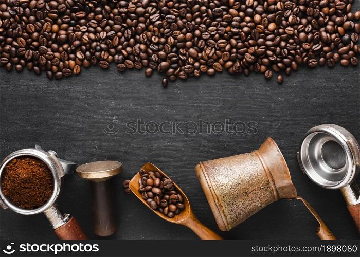 roasted coffee beans with accessories. Resolution and high quality beautiful photo. roasted coffee beans with accessories. High quality beautiful photo concept