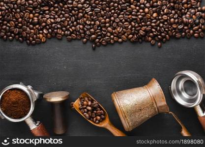 roasted coffee beans with accessories. Resolution and high quality beautiful photo. roasted coffee beans with accessories. High quality beautiful photo concept