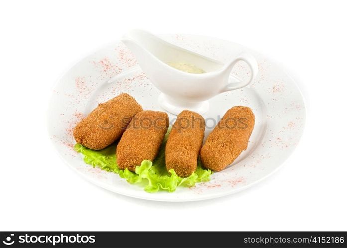 roasted cutlets of meat and lettuce isolated on a white