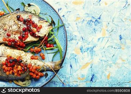 Roasted dorado fish with viburnum berries.Healthy food.Space for text. Dorado baked with viburnum,copy space