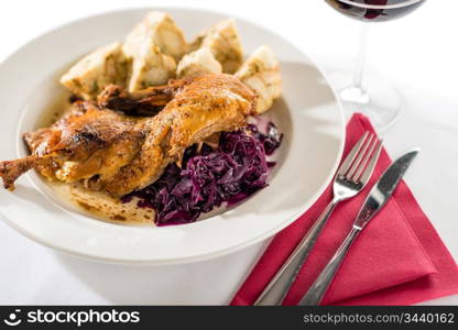 Roasted duck with red cabbage and dumpling isolated on white