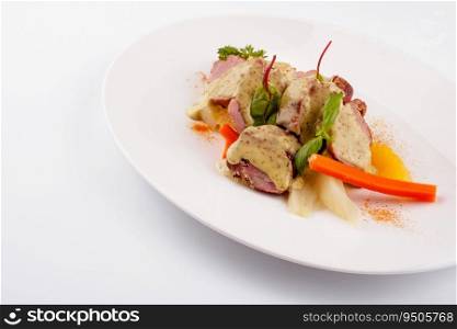 Roasted duck with white sauce on plate