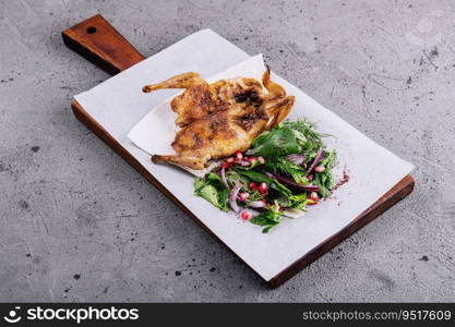 Roasted grilled quail on wooden cutting board with garnish green salad