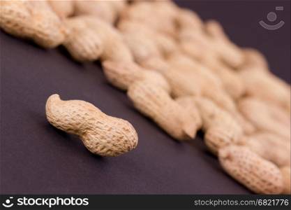 Roasted in-shell peanuts on a black background
