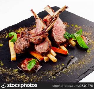 roasted lamb rack served with carrot, yellow curry and lamb sauce