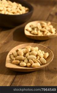 Roasted peeled unsalted peanuts on small bamboo plate, photographed with natural light (Selective Focus, Focus one third into the image)